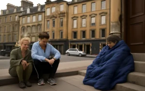 Edinburgh-Housing-Two-women-sitting-on-steps-in-Edinburgh-with-one-wrapped-in-a-blue-blanket-while-the-other-sits-pensively-next-to-her-historic-buildings-in-the-background