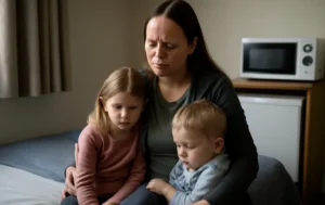 Edinburgh-Housing-Crisis-Woman-and-two-children-sitting-together-in-an-indoor-setting-with-a-serious-expression-reflecting-housing-challenges