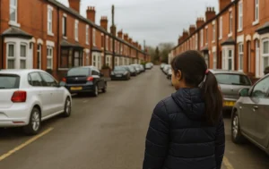 Girl-in-navy-jacket-walking-through-street