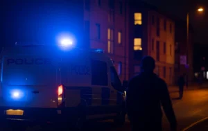 Police-van-with-blue-lights-on-urban-street-at-night-symbolising-safety-concerns-near-Children’s-Homes-in-Walsall
