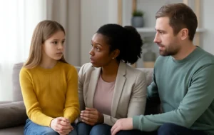 Supportive-conversation-between-adults-and-child-in-a-home-setting-highlighting-emotional-care-in-Children’s-Homes-in-Walsall