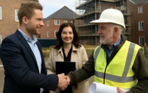 a-handshake-between-a-contractor-and-a-businessman-with-a-woman-in-a-coat-on-site-in-front-of-a-building-project-representing-collaboration-in-the-face-of-the-housing-crisis