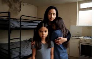 a-mother-and-her-two-daughters-in-a-cramped-and-dilapidated-room-with-bunk-beds-reflecting-the-urgency-of-the-housing-crisis
