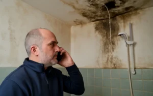 man-on-phone-in-mouldy-bathroom-ceiling-leak-social-housing-landlords-awaab’s-law