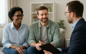 A-couple-smiling-while-discussing-with-a-professional-symbolizing-positive-outcomes-in-supported-living-for-vulnerable-adults
