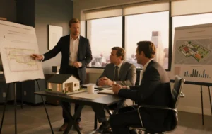 A-business-meeting-discussing-plans-for-Tiny-Home-development