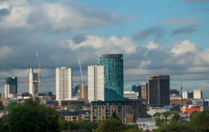 High-rise-hotels-offices-and-flats-forming-part-of-Birminghams-cityscape-seen-from-Edgbaston