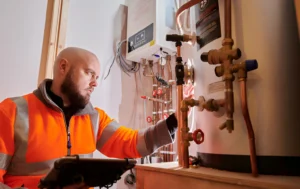 A-worker-inspecting-heating-equipment-reflecting-the-fire-safetys-power-in-creating-secure-environments