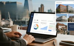 Guaranteed-Rent-Birmingham-data-and-property-listings-displayed-on-a-laptop-with-a-city-view