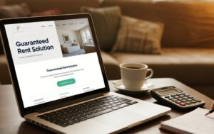 Guaranteed-Rent-Solution-webpage-displayed-on-a-laptop-with-a-coffee-cup-and-calculator