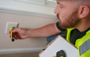 Inspector-checking-electrical-outlet-part-of-Mistakes-Landlords-Make-with-HMOs