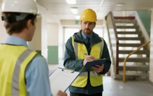 Workers-discussing-property-inspection-details-with-clipboards