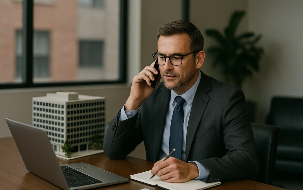 A-businessman-in-a-suit-talks-on-the-phone-while-taking-notes-at-his-desk-with-a-laptop-and-building-model