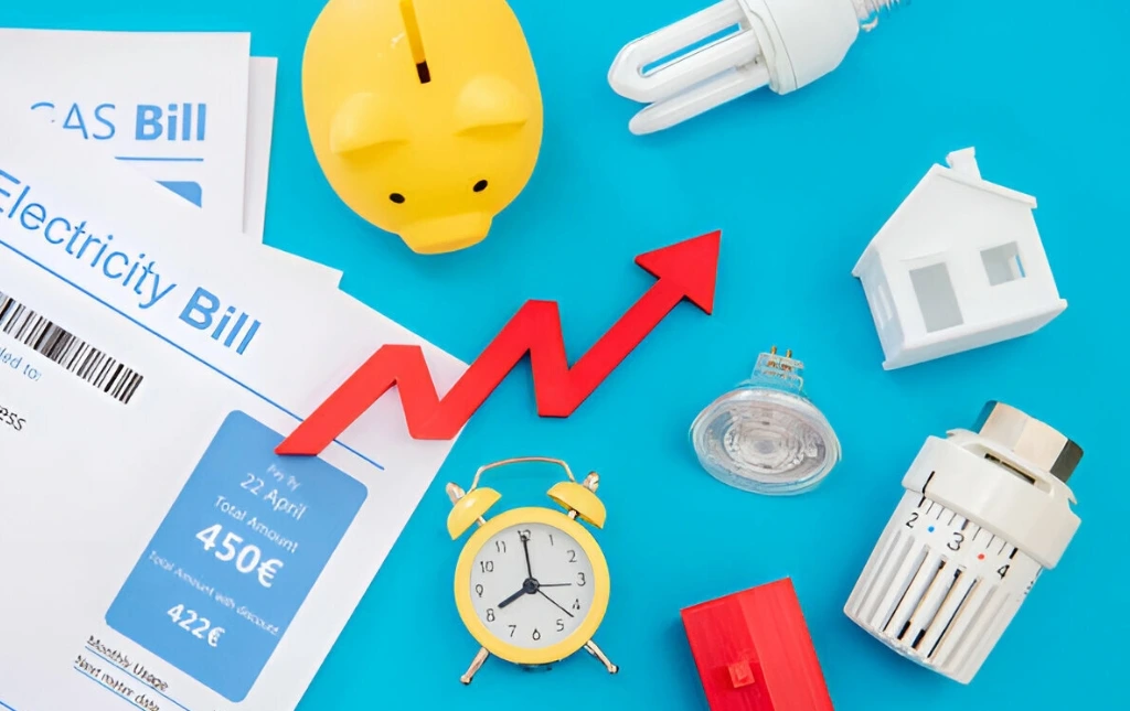 HMO to supported living-An-arrangement-of-utility-bills-a-piggy-bank-lightbulbs-an-alarm-clock-and-a-red-arrow-showing-an-increase-in-costs