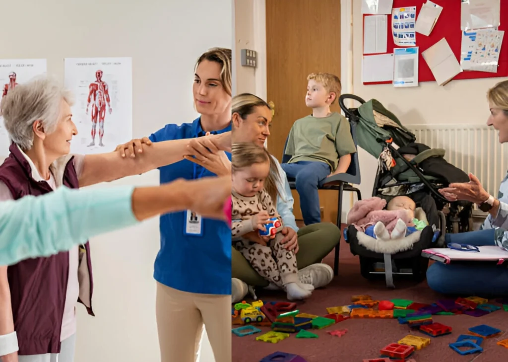 Elderly-woman-receiving-physical-therapy-and-caregivers-interacting-with-children-in-a-care-facility