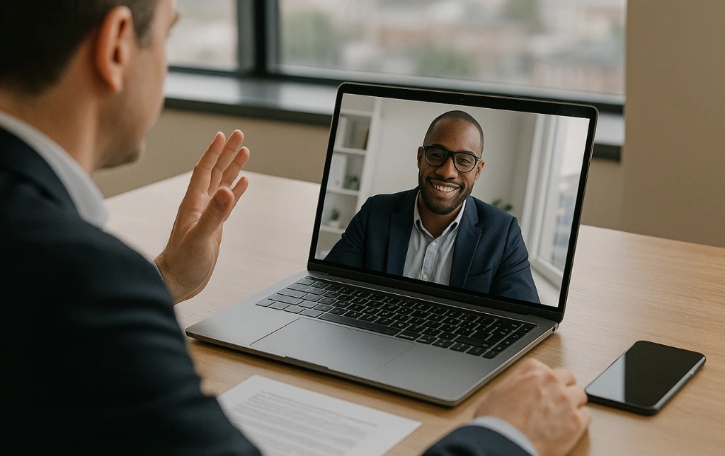 Man-on-video-call-with-another-man-shown-smiling-on-laptop-screen