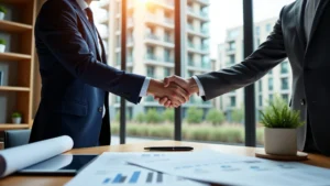 Two-property-developers-in-suits-shaking-hands-in-a-modern-office-with-large-windows-overlooking-residential-buildings-symbolising-a-successful-property-development-agreement