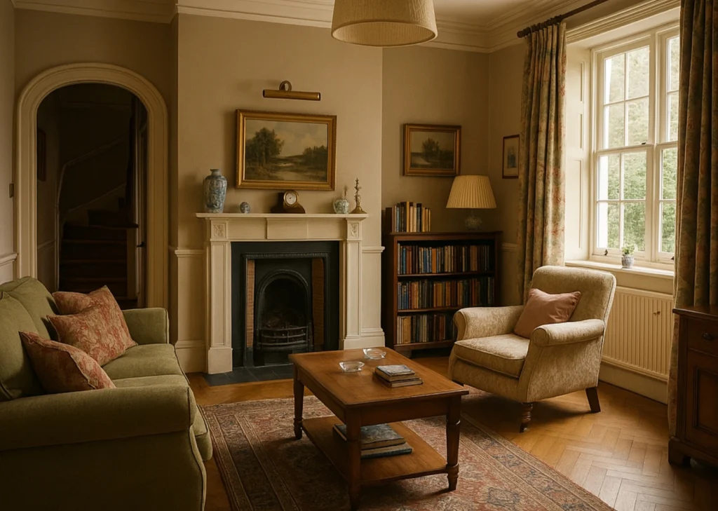 A-cozy-sunlit-living-room-in-a-traditional-English-home-featuring-vintage-furniture-hardwood-floors-and-a-classic-fireplace