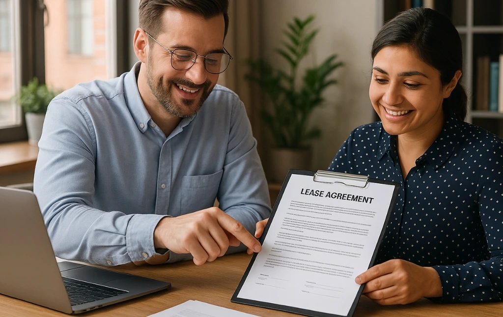 A-man-and-woman-collaborate-over-a-lease-agreement-at-a-wooden-table-in-a-bright-office-with-plants-and-a-laptop-nearby