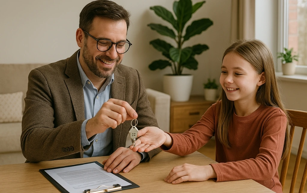 A-man-and-young-girl-smile-while-sitting-at-a-wooden-table-with-the-man-holding-keys-and-the-girl-reaching-for-them-in-a-cozy-sunlit-living-room