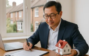 A-man-in-business-attire-holding-a-miniature-house-model-and-signing-documents-on-a-desk-with-a-laptop-in-the-background-near-a-window-looking-out-to-residential-houses-with-a-label-Reciprocal-Tariffs