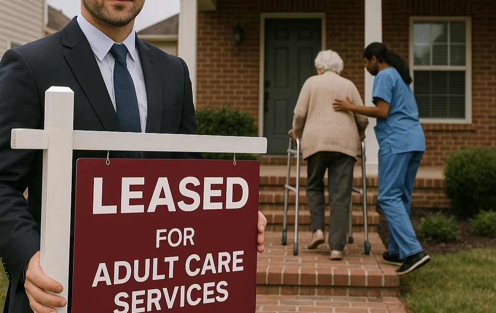 A-real-estate-agent-holding-a-LEASED-sign-stands-beside-a-well-maintained-suburban-home-as-a-caregiver-helps-an-elderly-woman-up-the-steps
