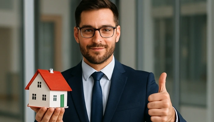 A-smiling-man-in-a-navy-suit-holds-a-small-model-house-in-one-hand-and-gives-a-thumbs-up-with-the-other-standing-in-a-modern-office-setting