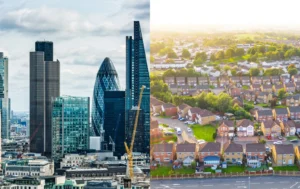 A-split-image-showing-an-urban-skyline-with-modern-skyscrapers-and-the-Gherkin-building-on-the-left-and-a-rural-residential-area-with-rows-of-houses-and-greenery-on-the-right-with-the-the