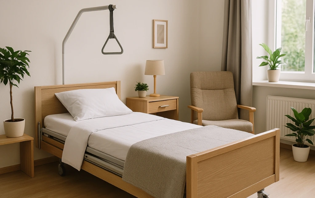 Bright-caregiving-bedroom-with-hospital-bed-light-oak-furniture-and-natural-light