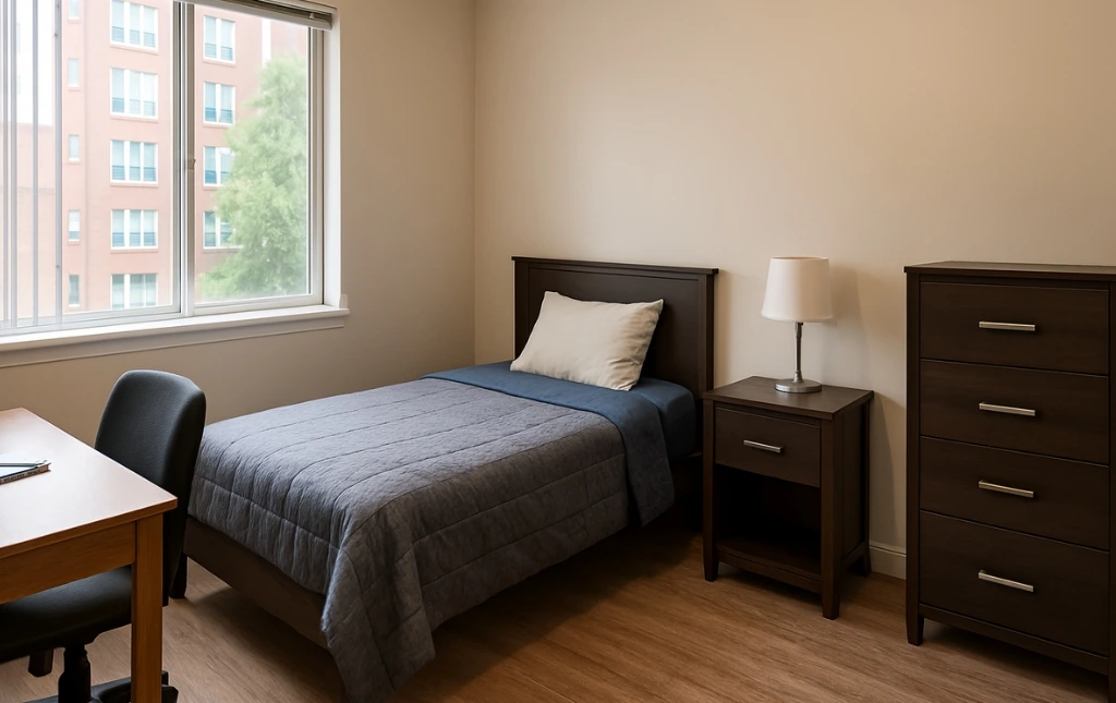 Cozy-bedroom-with-natural-light-featuring-a-twin-bed-nightstand-and-desk