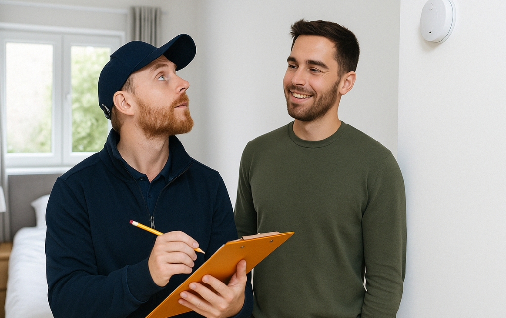 Maintenance-worker-inspecting-smoke-detector-with-resident-in-bedroom