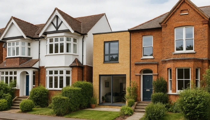 a-row-of-well-maintained-British-homes-including-traditional-and-modern-styles--with-tidy-gardens-and-no-people-or-vehicles-visible