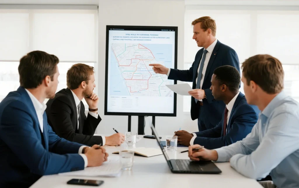 A-team-discussing-data-on-a-map-during-a-meeting