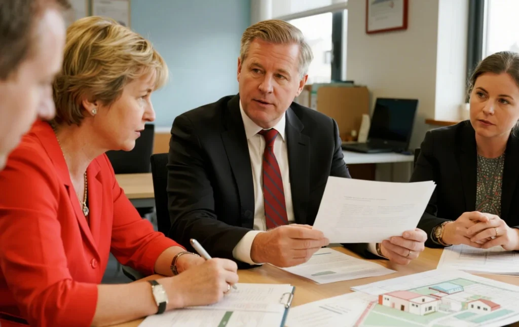 Meeting-with-professionals-discussing-a-housing-project-blueprint-collaboration-with-housing-associations