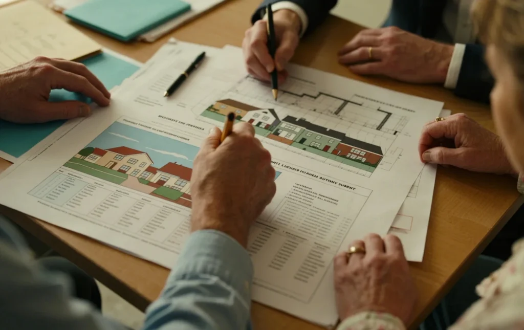 People-analyzing-architectural-blueprints-together