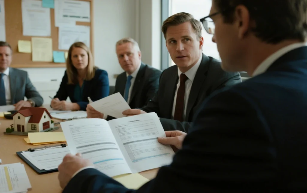 Team-reviewing-documents-with-house-model-on-the-table-focused-on-housing-association-projects