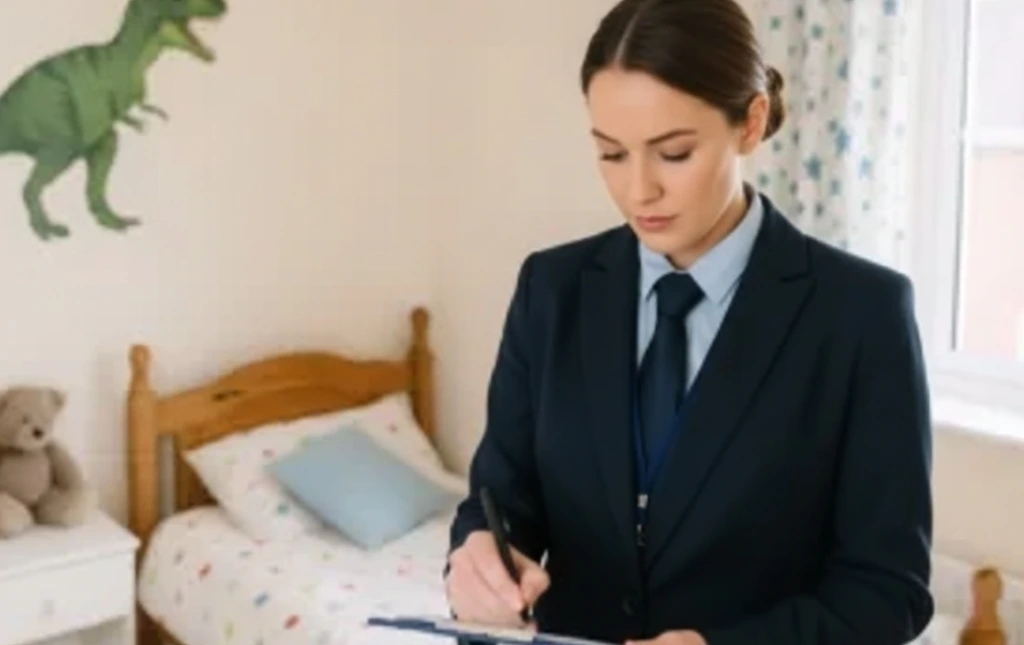 A-professional-in-a-suit-stands-in-a-childs-bedroom-observing-the-space-potentially-conducting-a-care-visit-for-a-residential-care-home